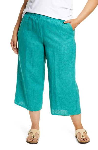 Eileen Fisher Organic Linen Crop Wide Leg Pants In Deep Aqua