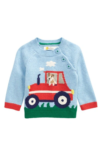 Mini Boden Babies' Tractor Intarsia Sweater In Surfboard Blue Marl Tractor