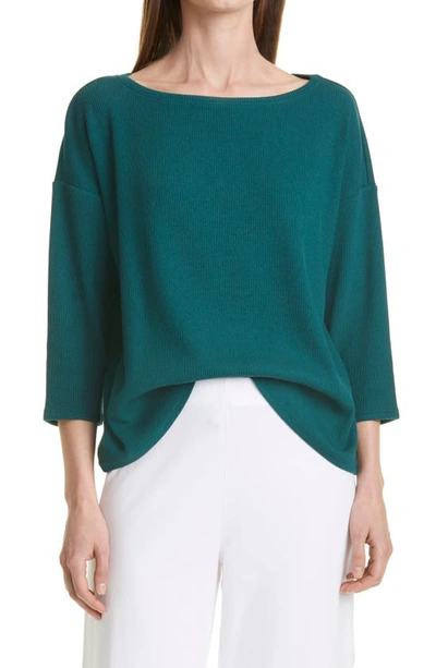 Eileen Fisher Bateau-neck 3/4-sleeve Boxy Rib-knit Top In Agean