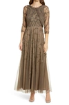 Pisarro Nights Beaded Mesh Gown With Jacket In Mocha