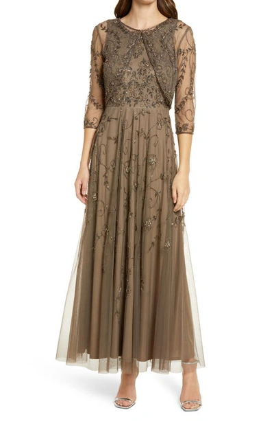 Pisarro Nights Beaded Mesh Gown With Jacket In Mocha