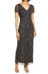 Pisarro Nights Beaded Mesh Column Gown In Carbon