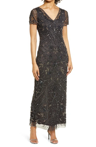 Pisarro Nights Beaded Mesh Column Gown In Carbon