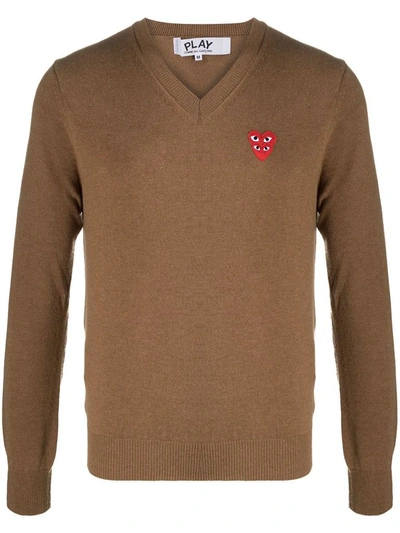 Comme Des Garçons Play Fine Knit Sweater With Logo Patch In Brown