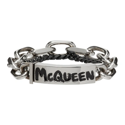 Alexander Mcqueen Silver Tone Graffiti Chain Bracelet In Black