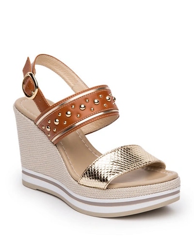 Nerogiardini Bicolor Leather Platform Wedge Sandals In Cognacgold