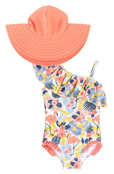 Rufflebutts Tropical Flamingo One-piece Swimsuit & Hat Set In Orange