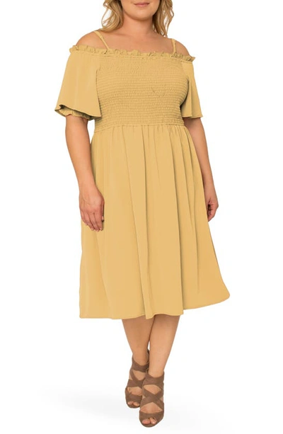 Standards & Practices Gabi Cold Shoulder Smocked Midi Dress In Pale Banana