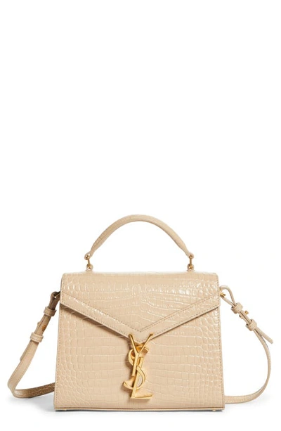 Saint Laurent Mini Cassandra Croc Embossed Leather Satchel In Dark Beige