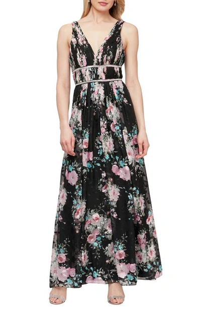 Alex Evenings Embelished Waist Floral Print Dress In Black Multi