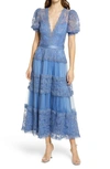 Tadashi Shoji V-neck Short-sleeve Lace Tiered Midi Dress In Powder Blue