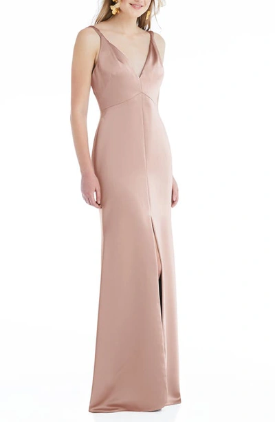 Lovely Neve Twist Strap Satin Charmeuse Gown In Toasted Sugar