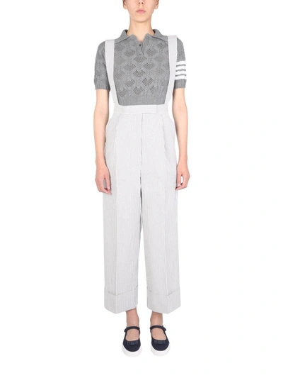 Thom Browne Trousers With Seersucker Pattern And Braces In Gray