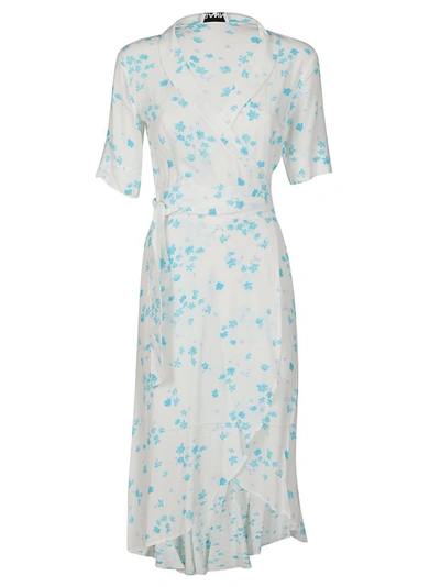 Ganni Floral-print Crepe Wrap Midi Dress In White,light Blue