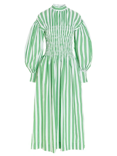 Ganni Shirred Striped Organic Cotton-poplin Midi Dress In White,green