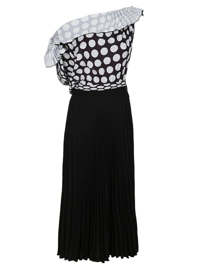 Mm6 Maison Margiela Pleated Polka-dot Crepe De Chine Midi Dress In Black