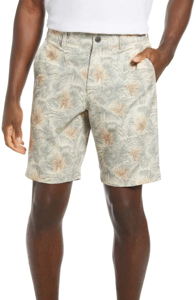 Vintage Print Hybrid Flat Front Shorts In Tan