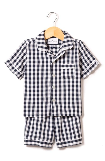 Petite Plume Kids' Gingham Two-piece Short Pajamas In Navy/white