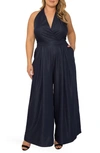 Standards & Practices Deep V-neck Halter Backless Tencel Wide Leg Jumpsuit In Dark Indigo