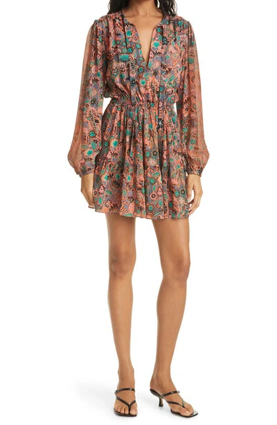 A.l.c Jolene Floral Long Sleeve Silk Dress In Coral/ Green