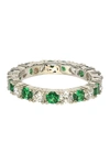 Suzy Levian Sterling Silver Cz Emerald Green Alternating Eternity Band Ring In Green