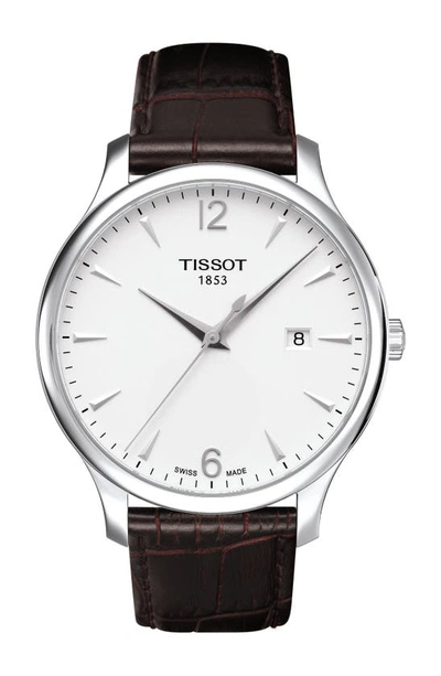 Tissot Tradition Leather Strap Watch, 42mm In Brown/ Silver