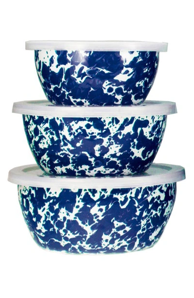 Golden Rabbit Enamelware Set Of 3 Nesting Bowls In Blue Swirl