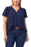 Vince Camuto Flutter Sleeve Rumple Satin Blouse In Classic Navy