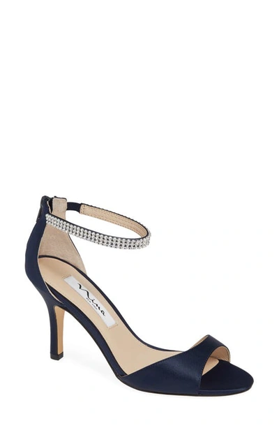 Nina Volanda Ankle Strap Sandal In Navy Satin