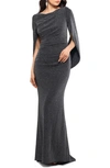 Betsy & Adam Metallic Drape Back Trumpet Gown In Blacksilver