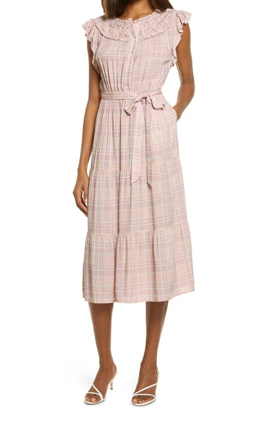 Adelyn Rae Plaid Ruched Dress In Pink Plaid