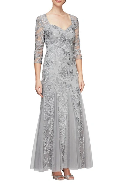 Alex Evenings Floral Embroidered Gown In Silver
