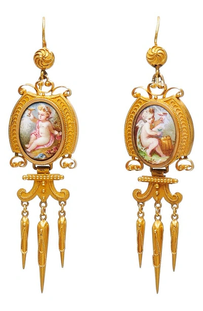 Fred Leighton Vintage Hand Painted Drop Earrings In Yellow Gold