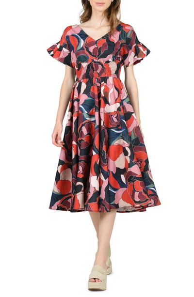 Molly Bracken Smocked Floral Print Dress In Roses Red
