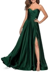 La Femme Strapless Satin Gown With Pleated Bodice And Slit In Emerald
