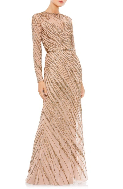 Mac Duggal Beaded Illusion Neck Long Sleeve Gown In Mocha