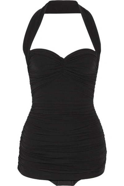 Norma Kamali Bill Mio Shirred Halter One-piece Swimsuit In Black