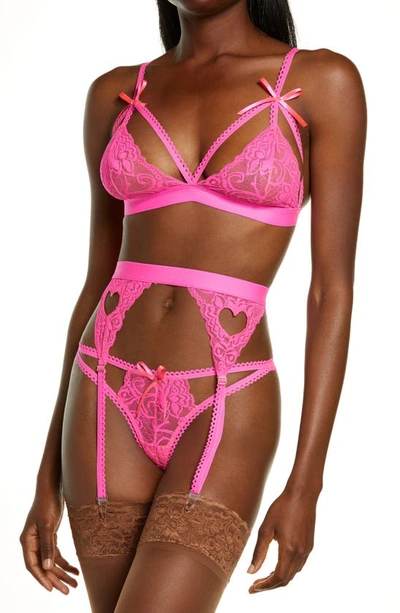 Mapalé Lace Bralette, Garter Belt & Thong In Hot Pink