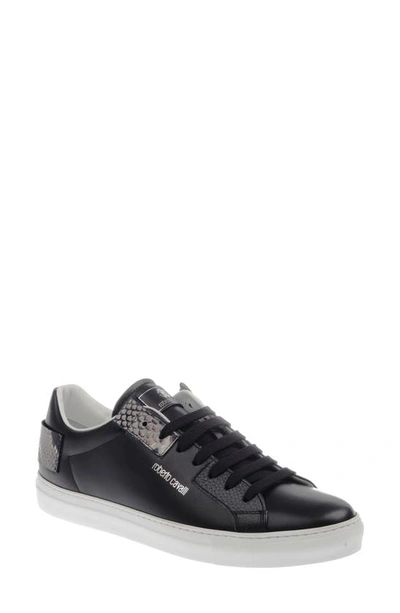 Roberto Cavalli Men's Snake-print Leather Low-top Sneakers In Black