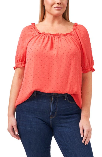 Cece Plus Size Puff Sleeve Clip Dot Blouse In Bay Coral