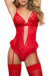 Mapalé Heart Cutout Lace Teddy With Garter Straps In Red