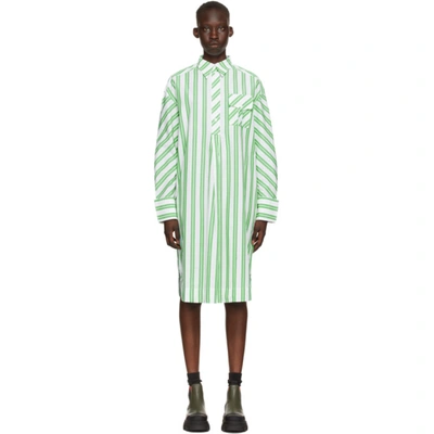 Ganni White & Green Stripe Oversized Shirt Dress | ModeSens