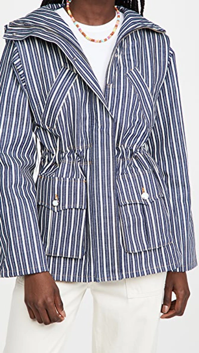 Ganni Stand Collar Patch Pocket Stripe Denim Jacket In Blue,white