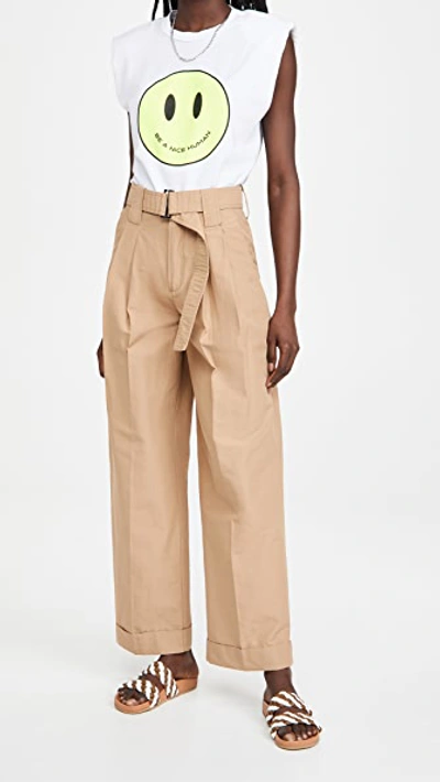 Ganni Belted Pleated Organic Cotton-blend Trousers In Tiger's Eye