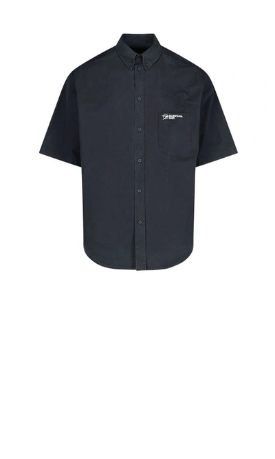Balenciaga Logo-embroidered Short-sleeve Shirt In Black