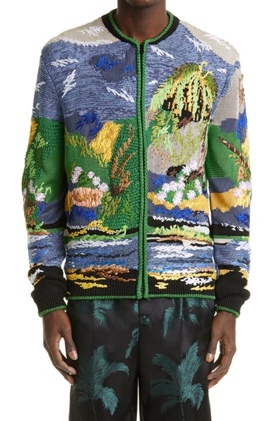 Saint Laurent Teddy Embroidered Tropical Jacquard Sweater Jacket In Multicolour