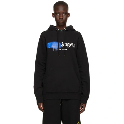 Palm Angels Black & Blue Sprayed Logo 'new York' Hoodie In Black Blue
