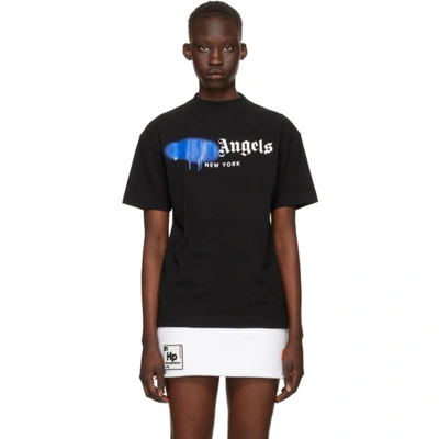 Palm Angels Woman Black And Blue West Hollywood Logo Spray T-shirt In Black Blue