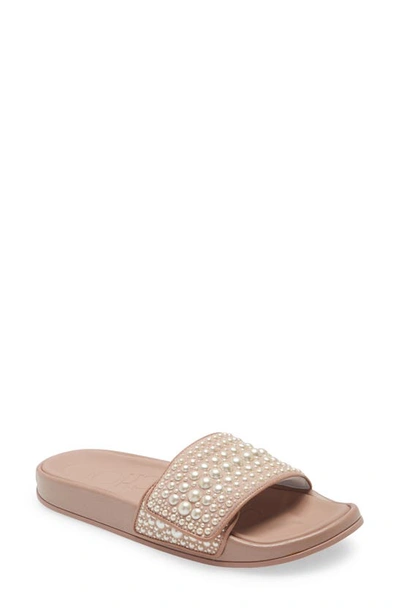 Jimmy Choo Fitz Faux-pearl Embellished Canvas Slides In Pink