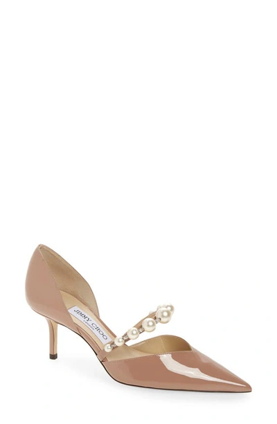 Jimmy Choo Aurelie Imitation Pearl Strap Pointed Toe Pump In Ballet Pink/ White